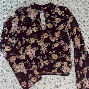 Chloe & Katie burgundy floral keyhole cutout blouse